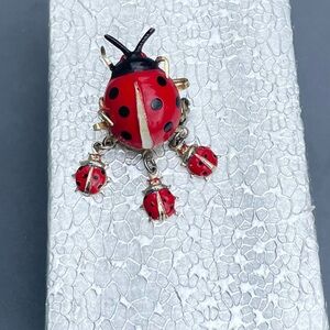 Charming Vintage Ladybug Brooch with Dangling Little Lady Bug Charms